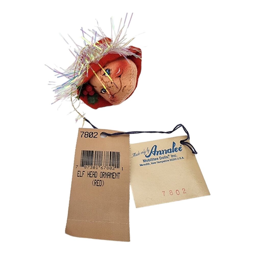 Vintage 1996 Annalee Elf Head Ornament 7802 Red Tinsel Holly NWT Meredith NH